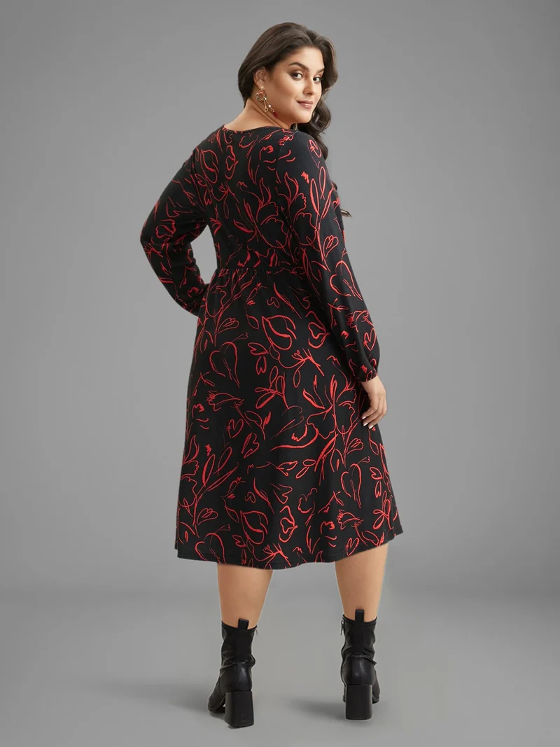 Floral Knit Round Neck Midi Dress