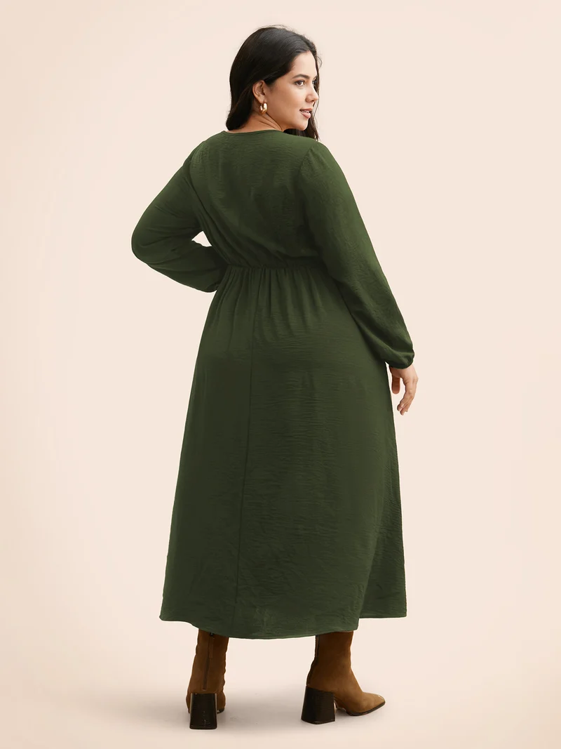 Colorblock Contrast Gathered Lantern Sleeve Dress