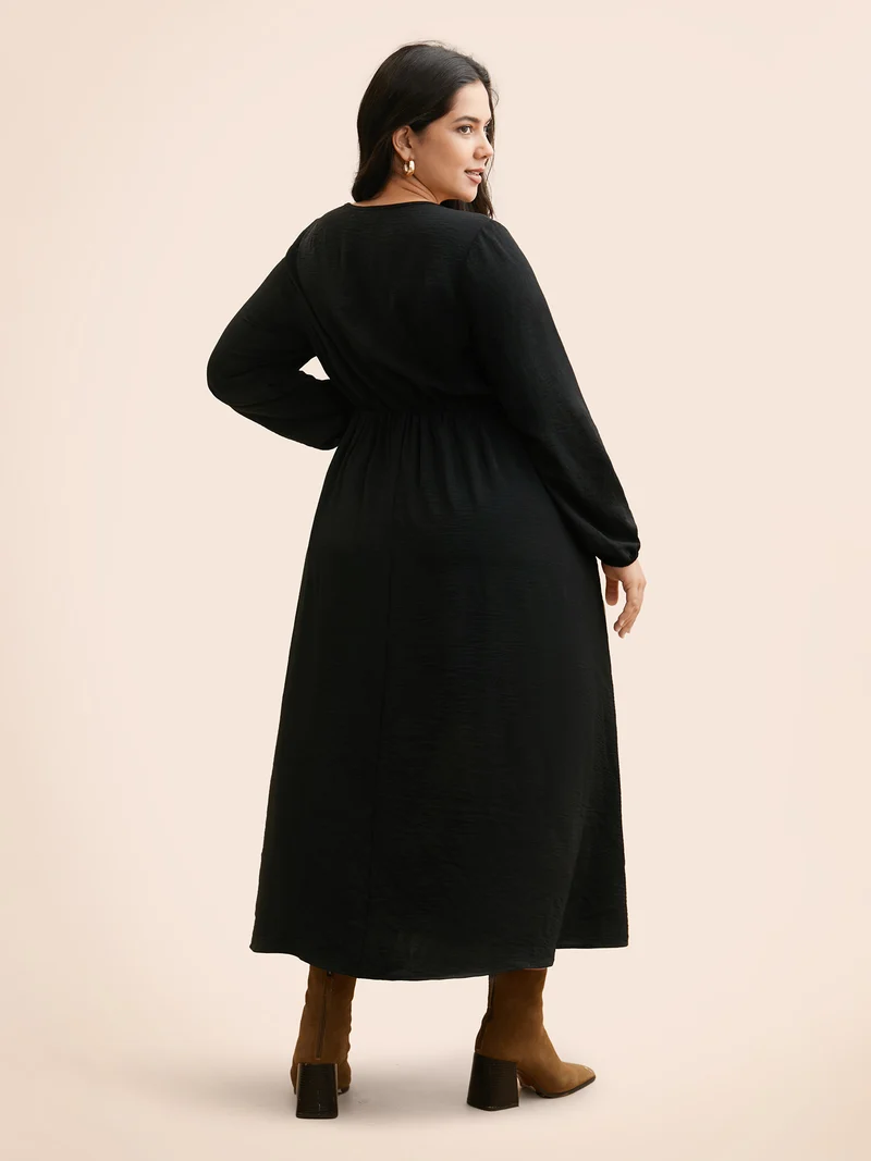 Colorblock Contrast Gathered Lantern Sleeve Dress