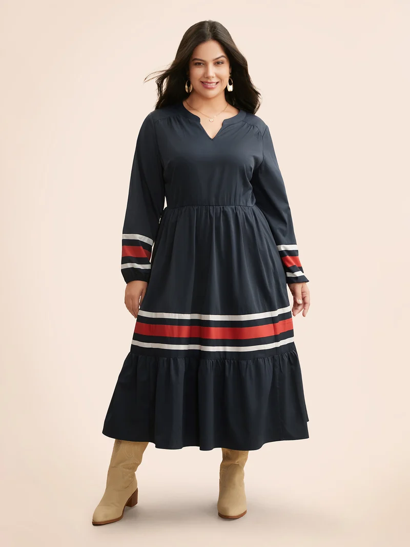 Contrast Striped Notched Ruffle Hem Dress