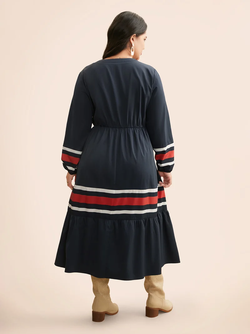 Contrast Striped Notched Ruffle Hem Dress
