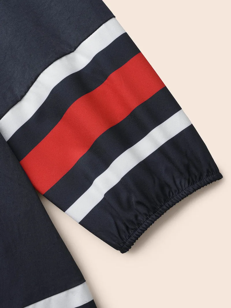 Contrast Striped Notched Ruffle Hem Dress