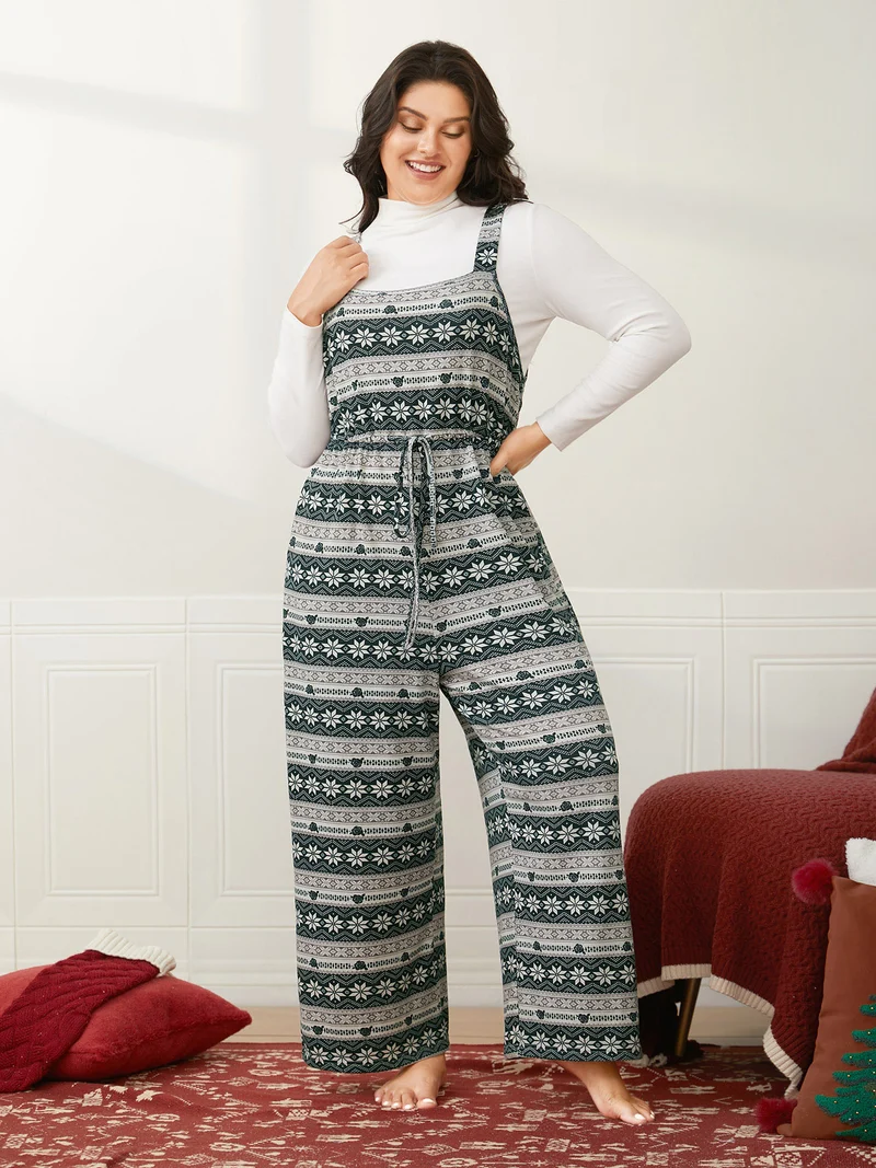 Snowflakes Printed Adjustable Waist Jumpsuit