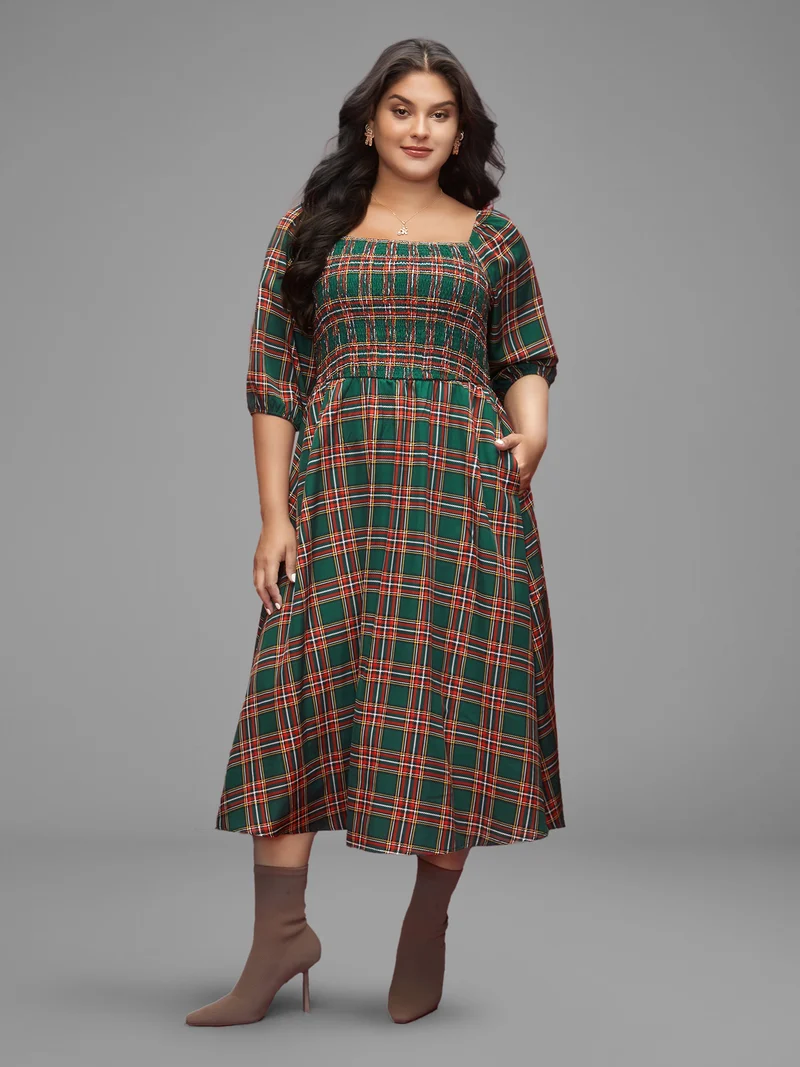 Square Neckline Plaid Smocked Bodice Midi Dress