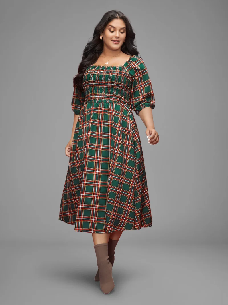Square Neckline Plaid Smocked Bodice Midi Dress