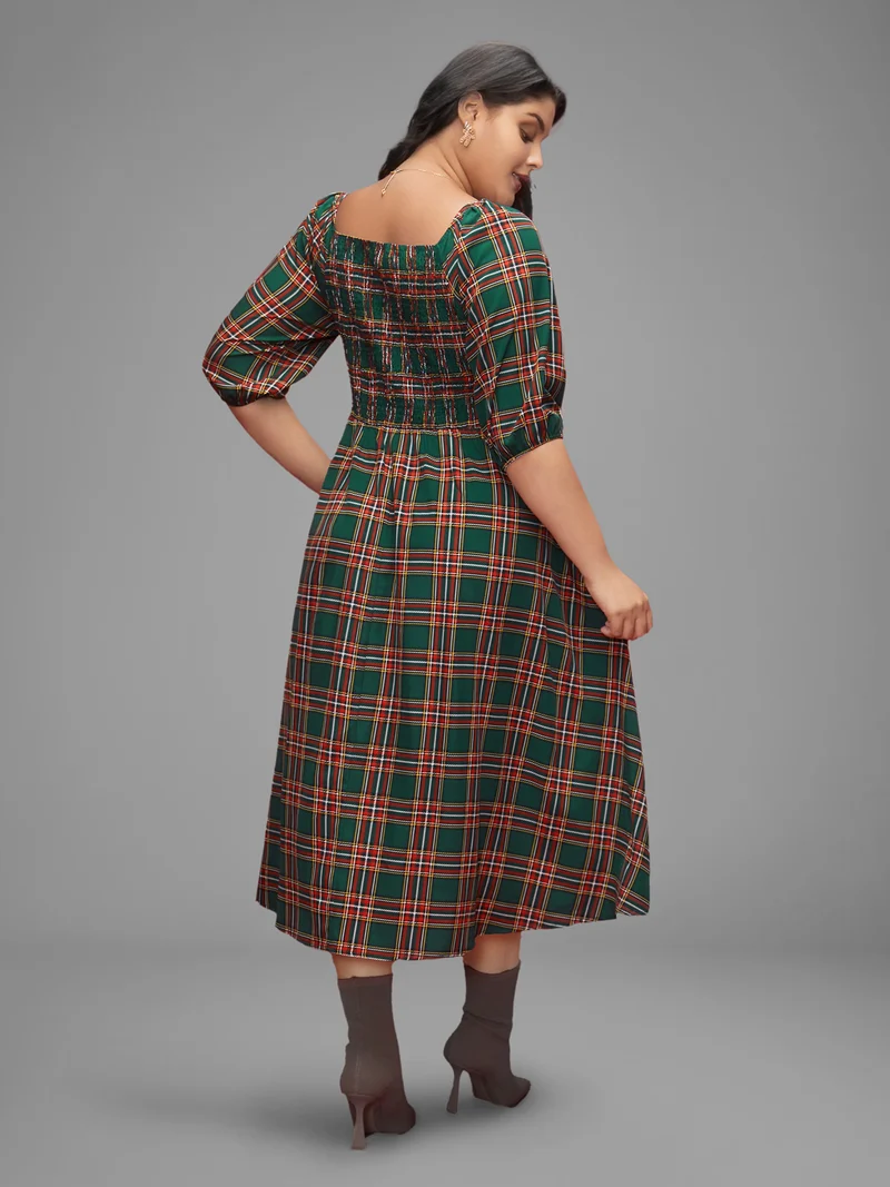 Square Neckline Plaid Smocked Bodice Midi Dress