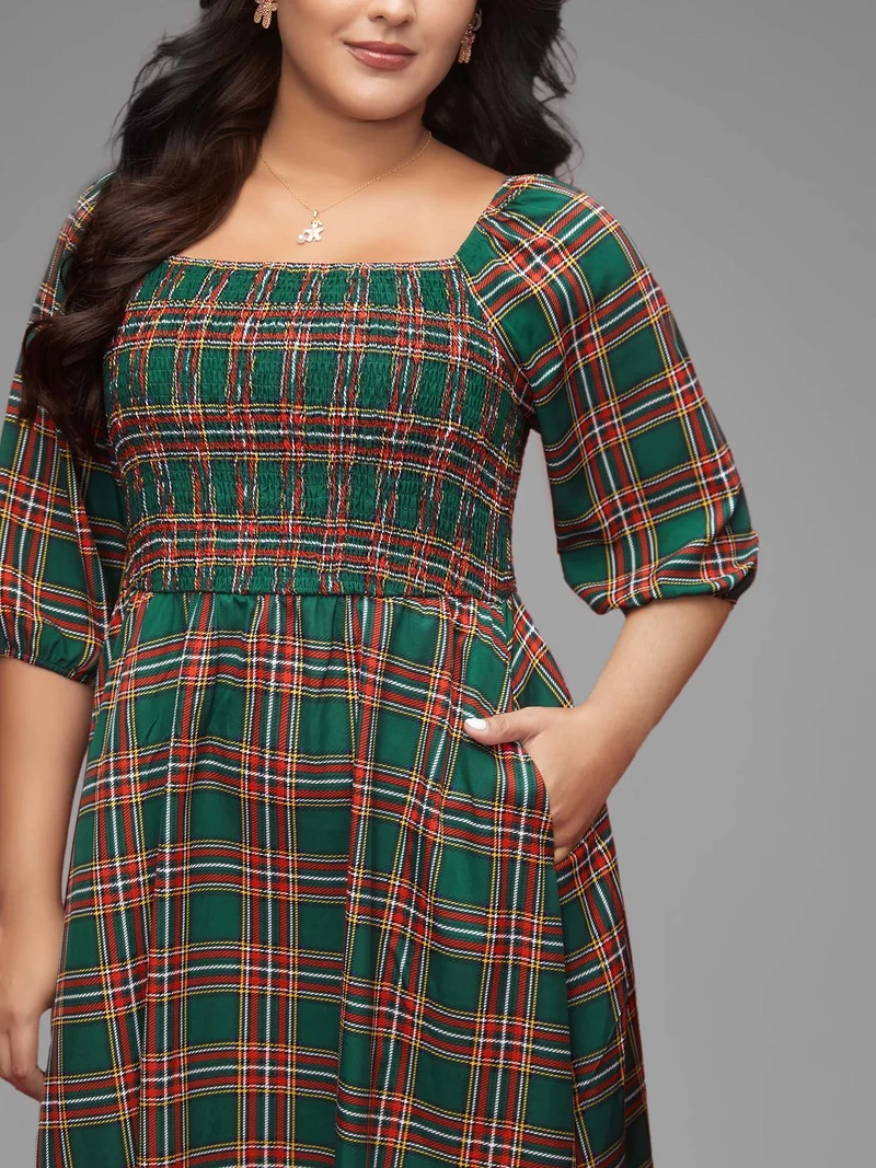 Square Neckline Plaid Smocked Bodice Midi Dress