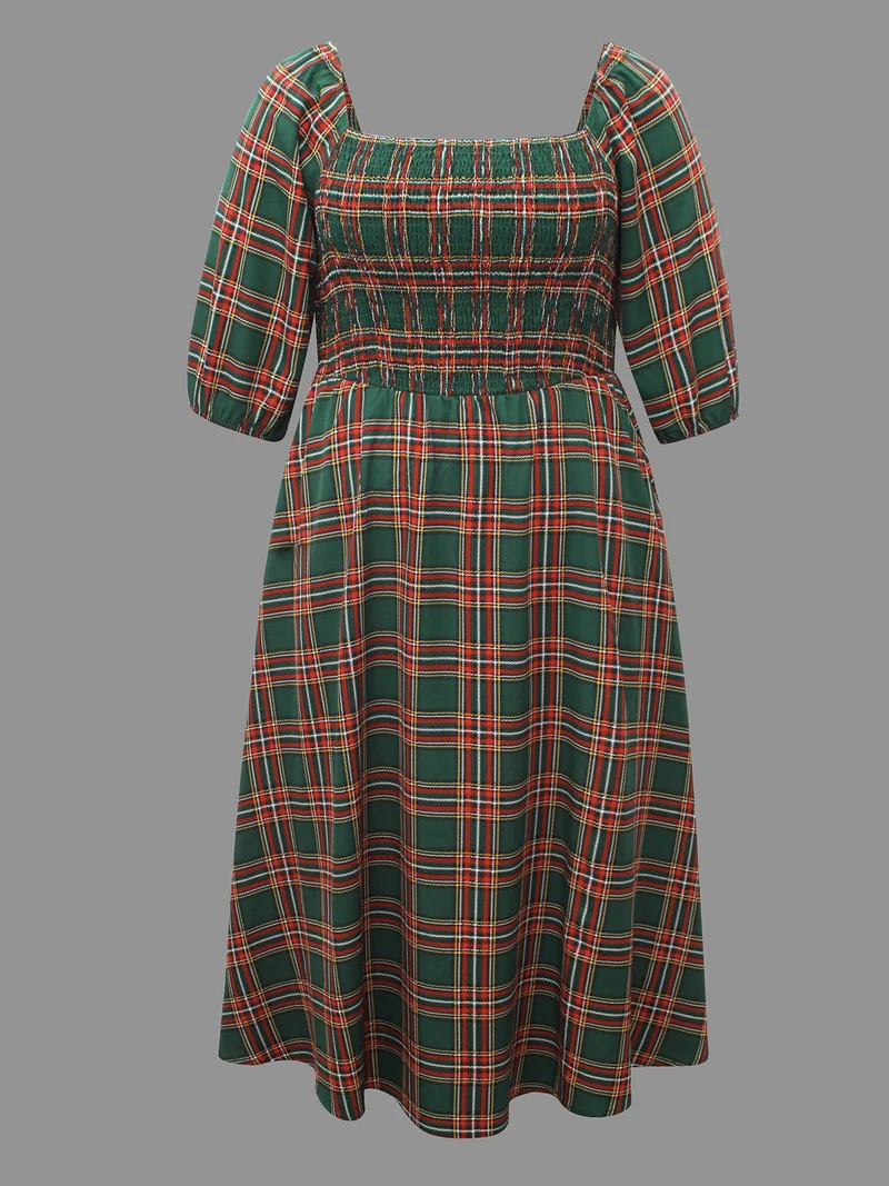 Square Neckline Plaid Smocked Bodice Midi Dress