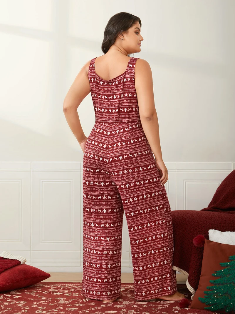 Festive Printed Wide-Leg Lounge Jumpsuit