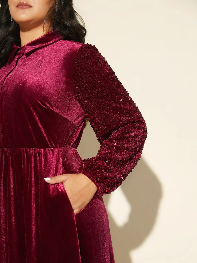 Shimmery Embellishments Shirt Collar Midi Dress