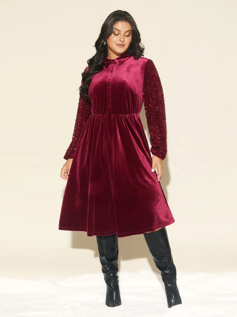 Shimmery Embellishments Shirt Collar Midi Dress