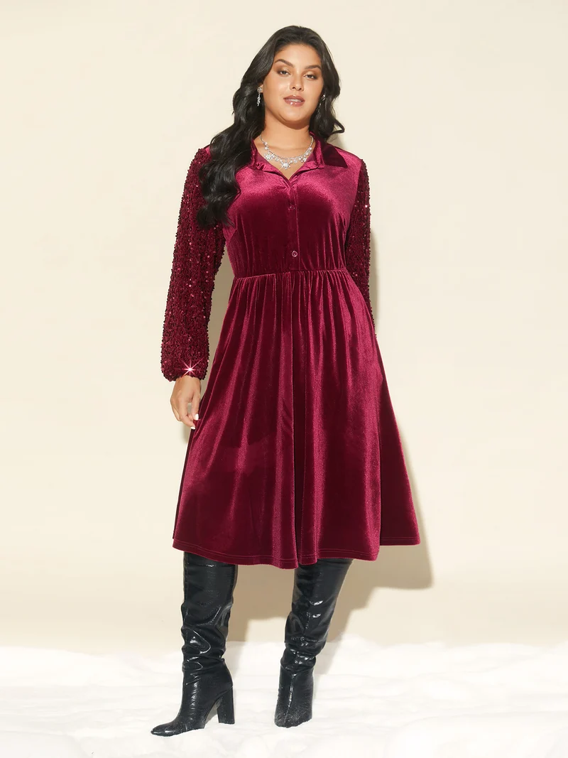 Shimmery Embellishments Shirt Collar Midi Dress