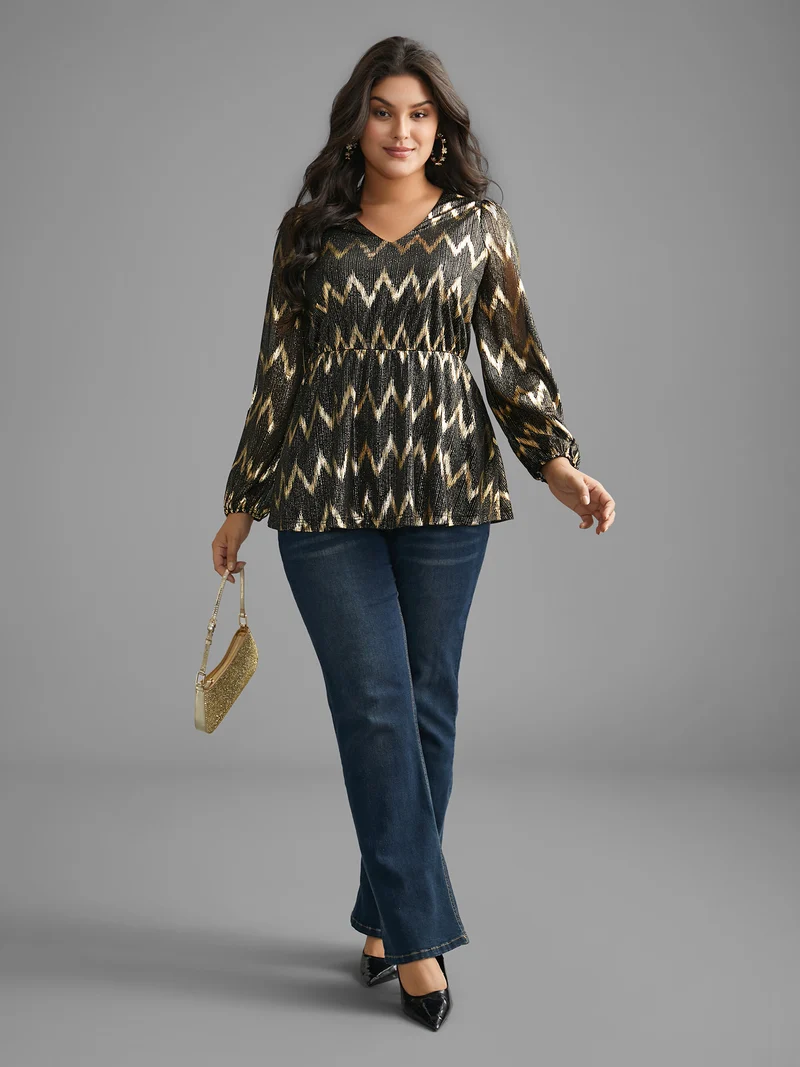 Gold Shimmer Elastic Waist V-neck Blouse