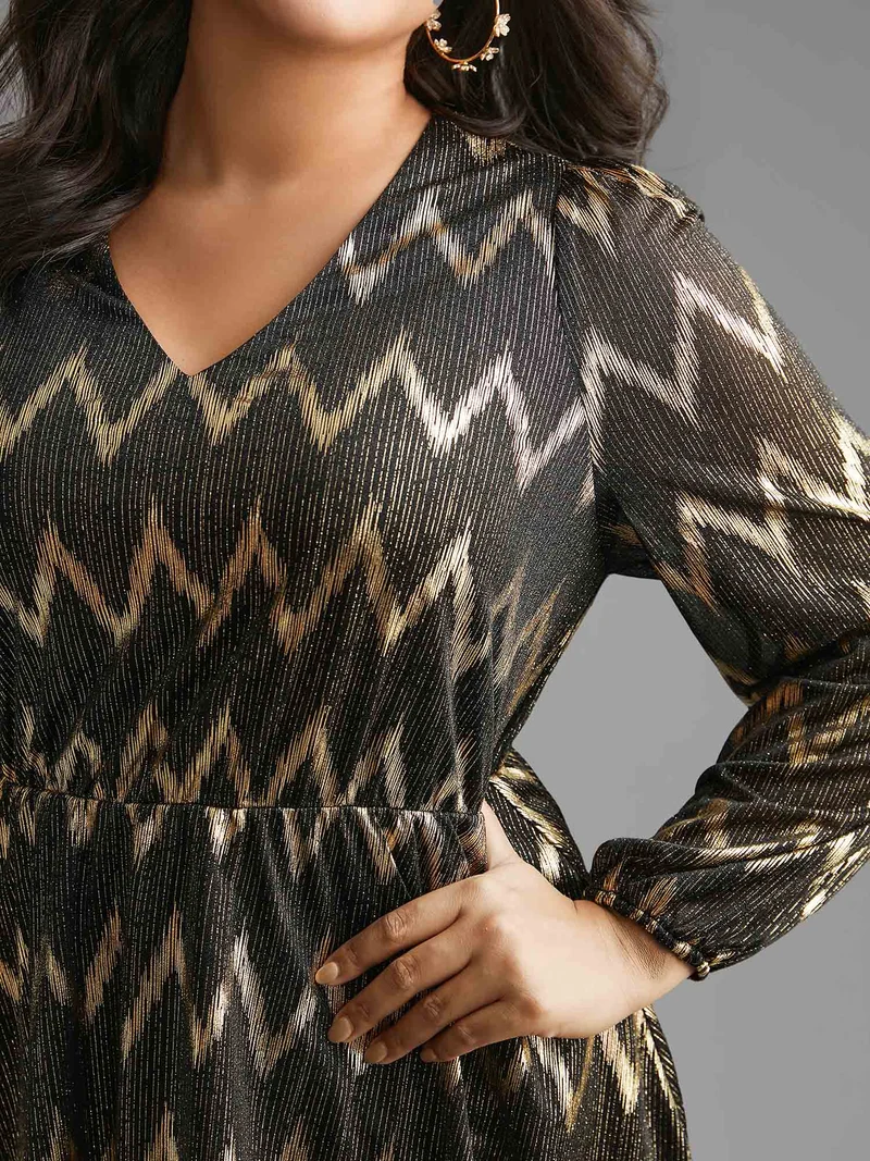 Gold Shimmer Elastic Waist V-neck Blouse