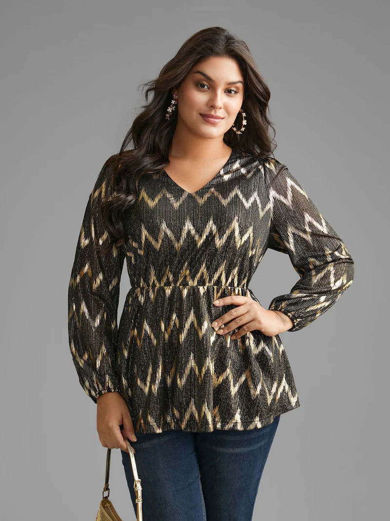 Gold Shimmer Elastic Waist V-neck Blouse