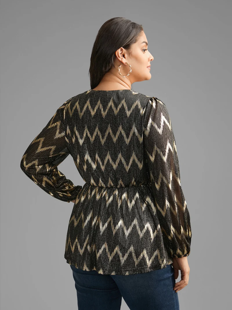 Gold Shimmer Elastic Waist V-neck Blouse