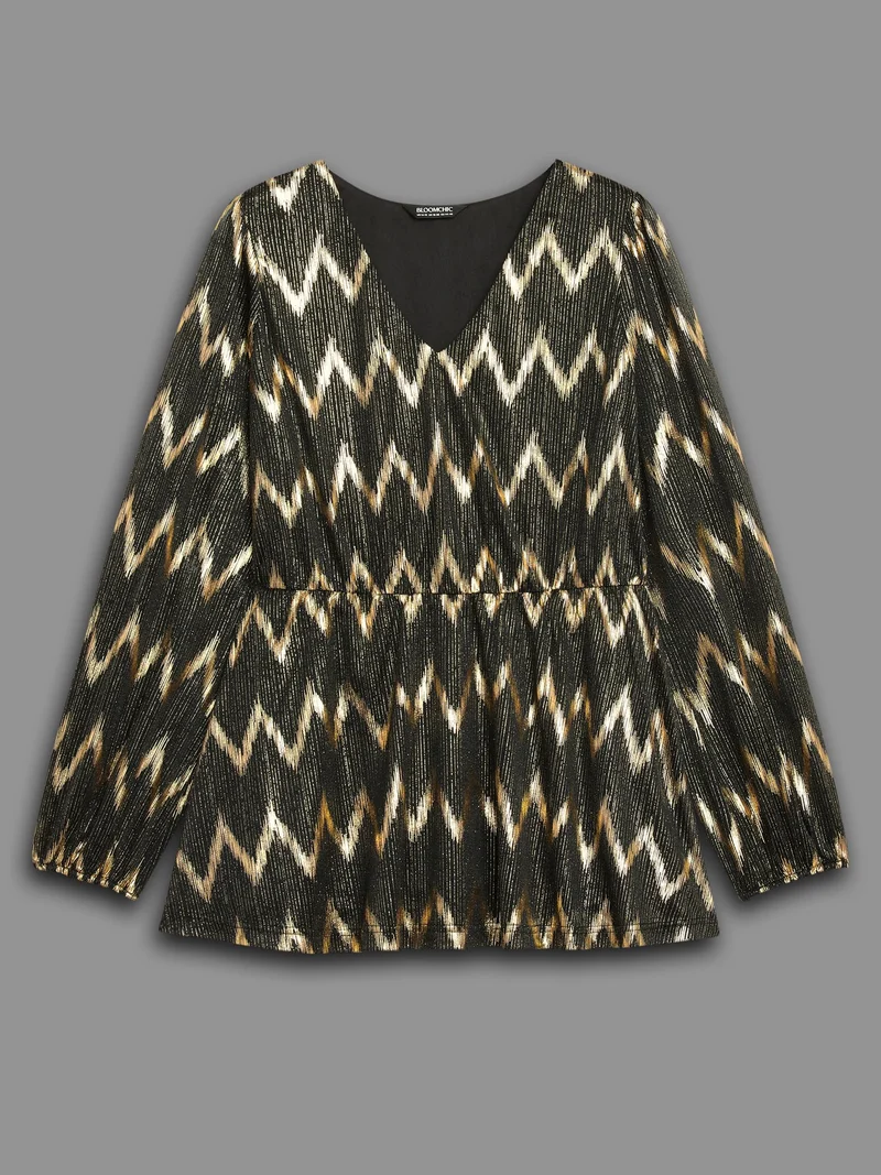 Gold Shimmer Elastic Waist V-neck Blouse