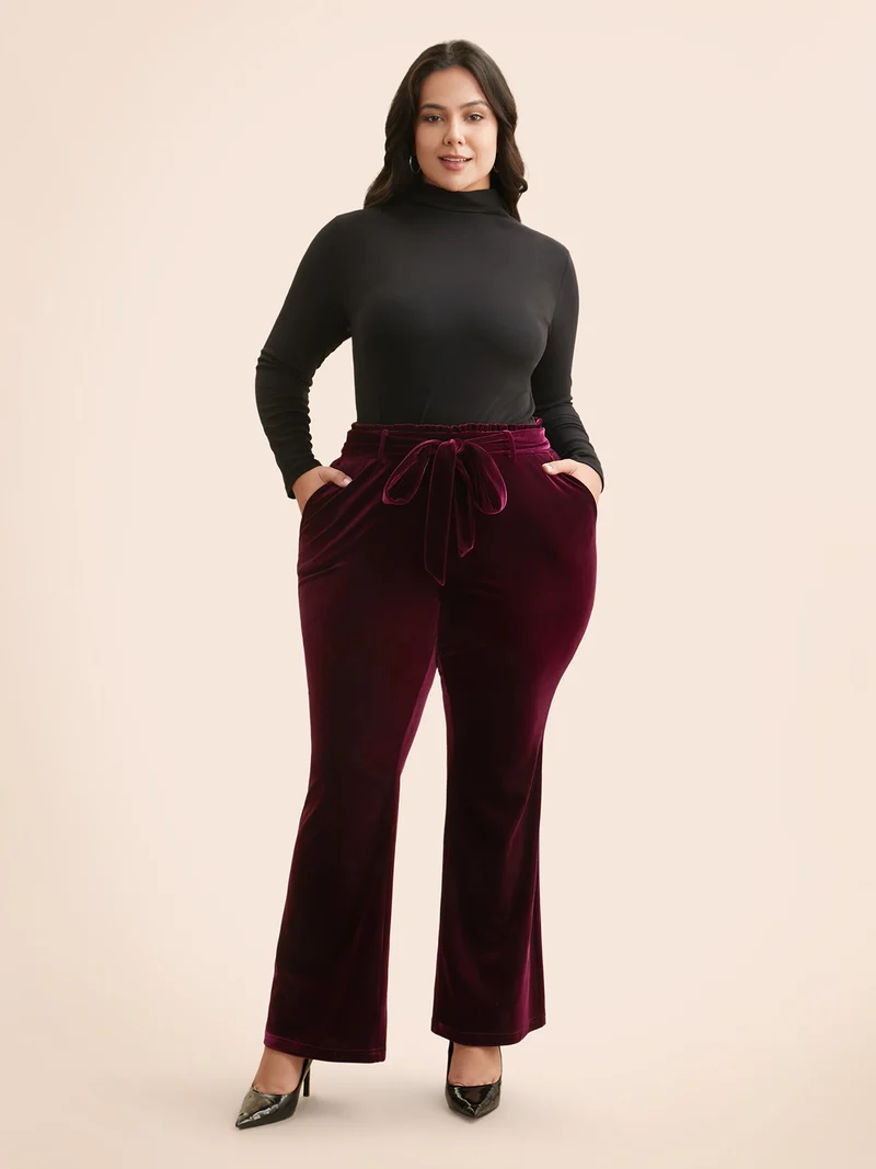 Velvet Paperbag Waist Belted Pants