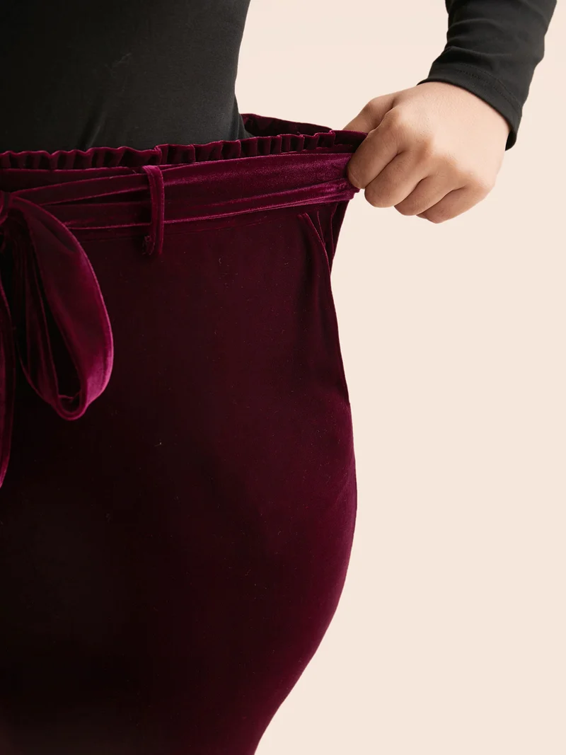 Velvet Paperbag Waist Belted Pants