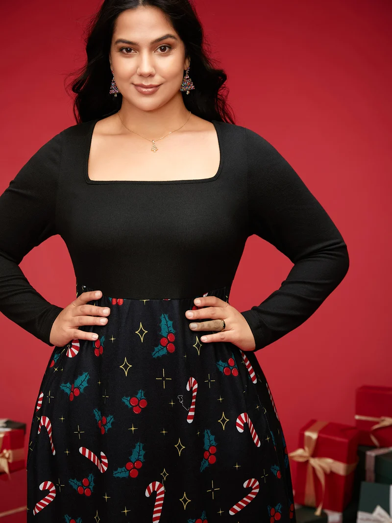 Festive Knit Printed Skirt Midi Dress