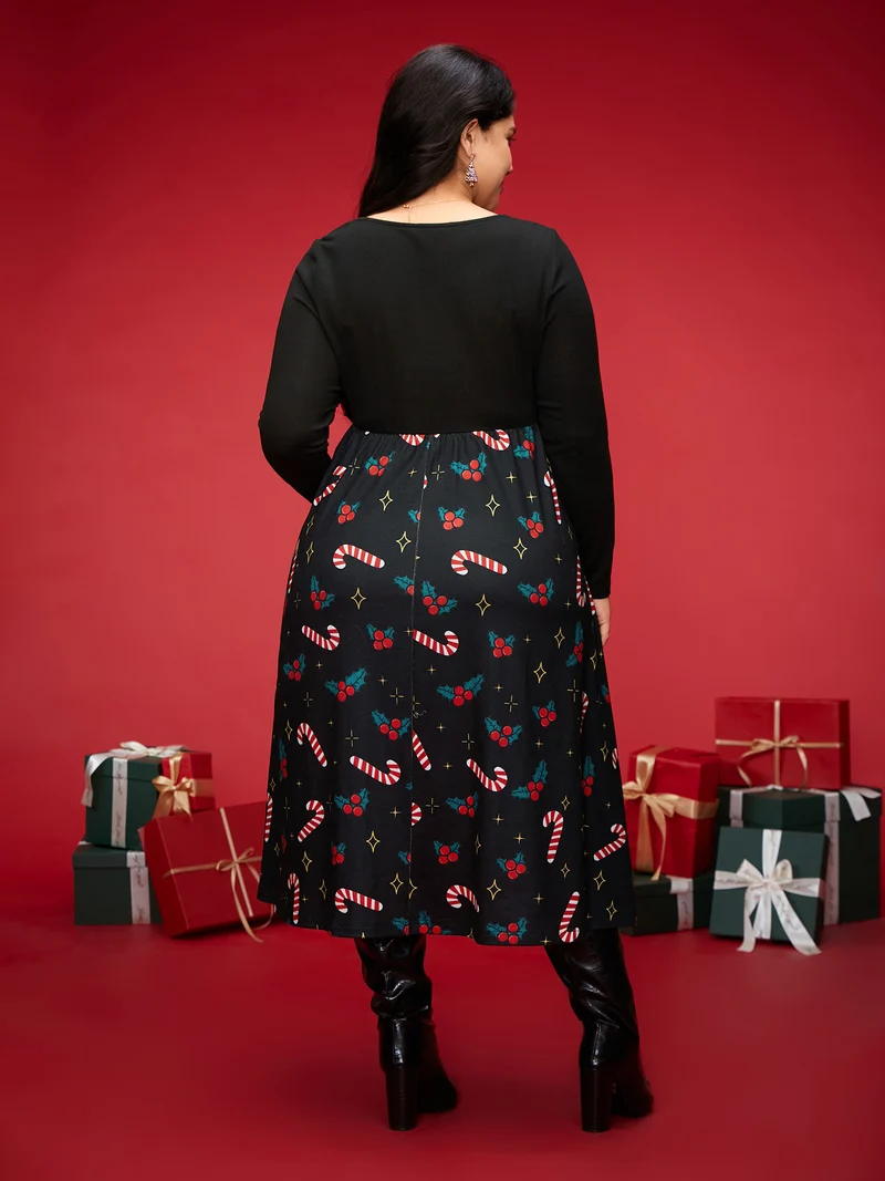 Festive Knit Printed Skirt Midi Dress