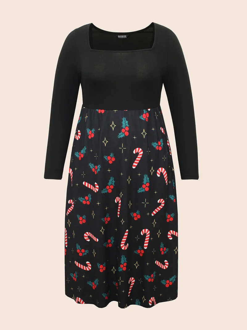 Festive Knit Printed Skirt Midi Dress