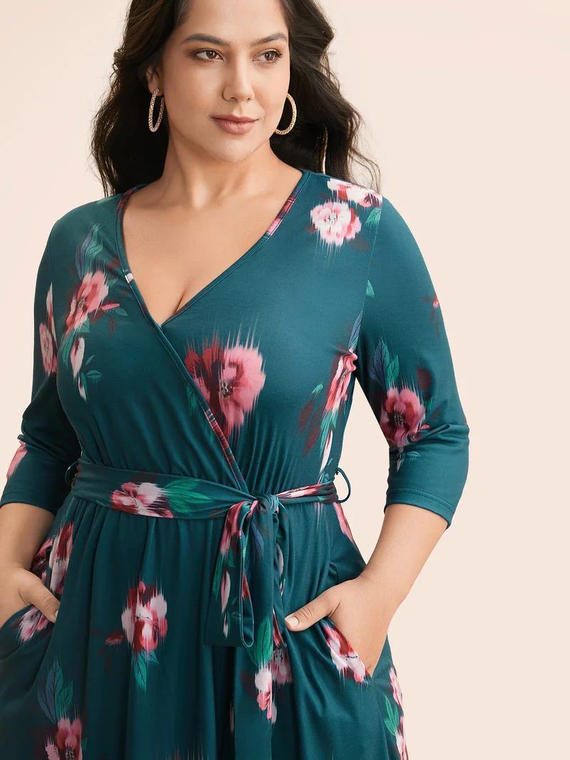 Overlap Collar Floral Midi Dress