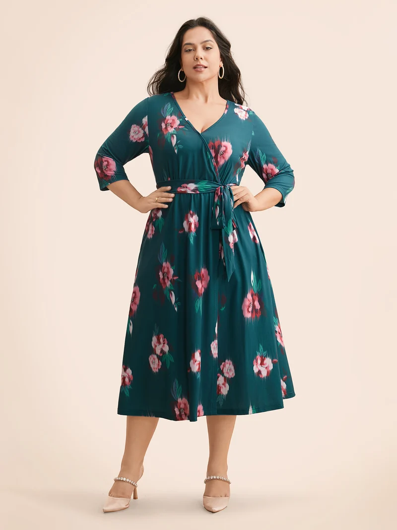 Overlap Collar Floral Midi Dress
