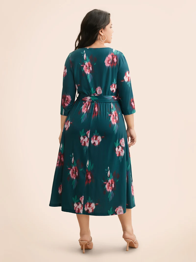 Overlap Collar Floral Midi Dress