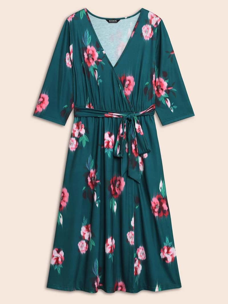 Overlap Collar Floral Midi Dress