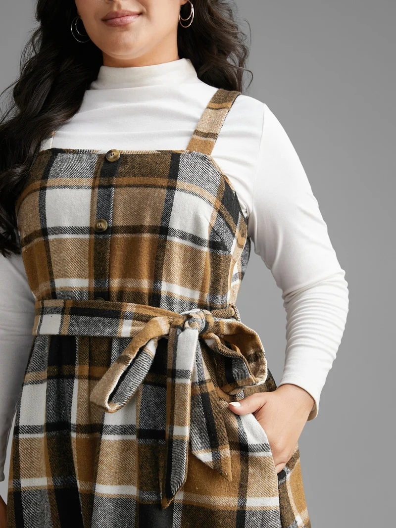 Square Neck Plaid Button Detail Belted Dress