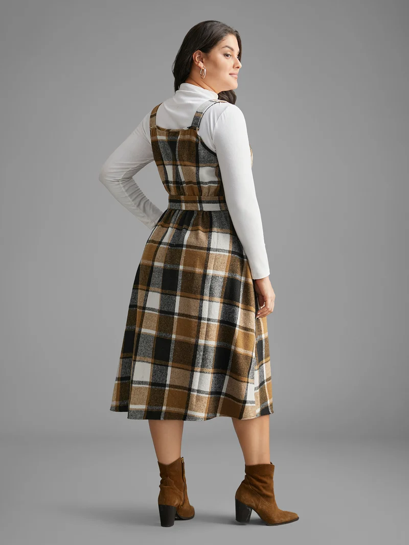 Square Neck Plaid Button Detail Belted Dress