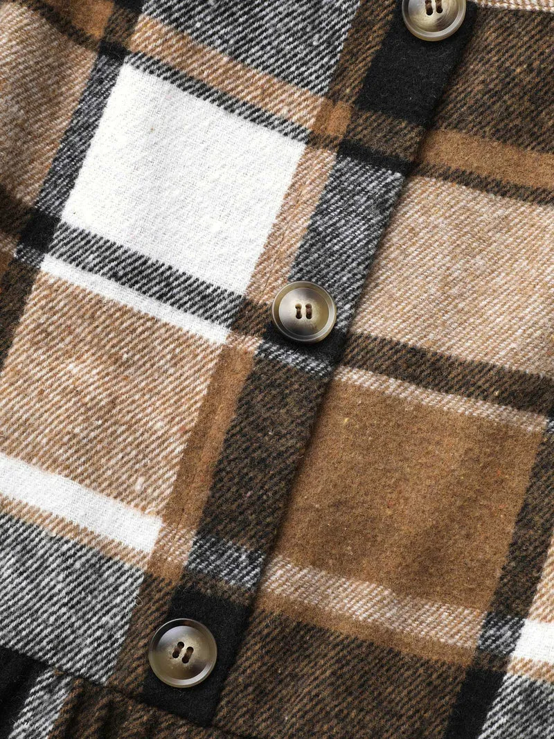 Square Neck Plaid Button Detail Belted Dress