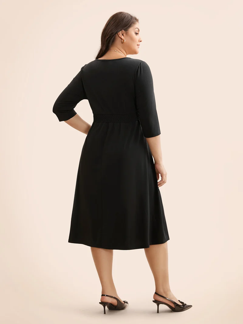 Solid Round Neck Shirred Midi Dress