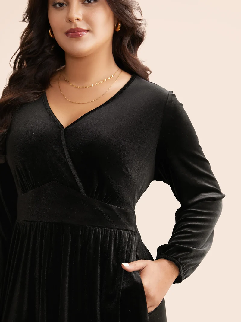 Velvet Overlap Collar Shirred Gathered Dress