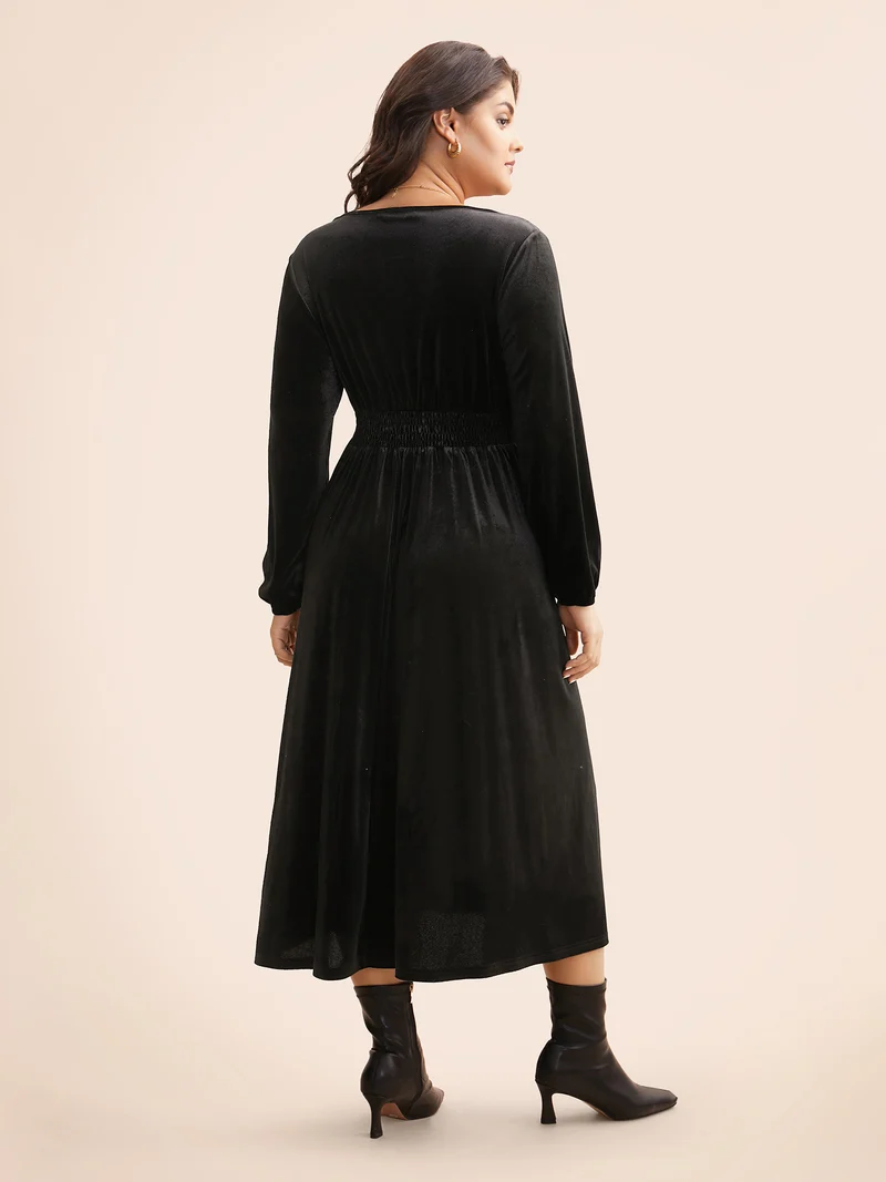 Velvet Overlap Collar Shirred Gathered Dress