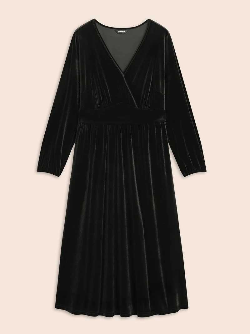 Velvet Overlap Collar Shirred Gathered Dress