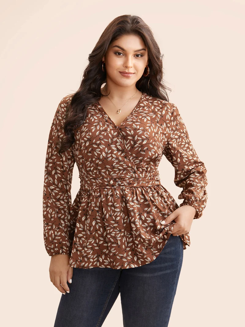Plants Print Overlap Collar Shirred Blouse
