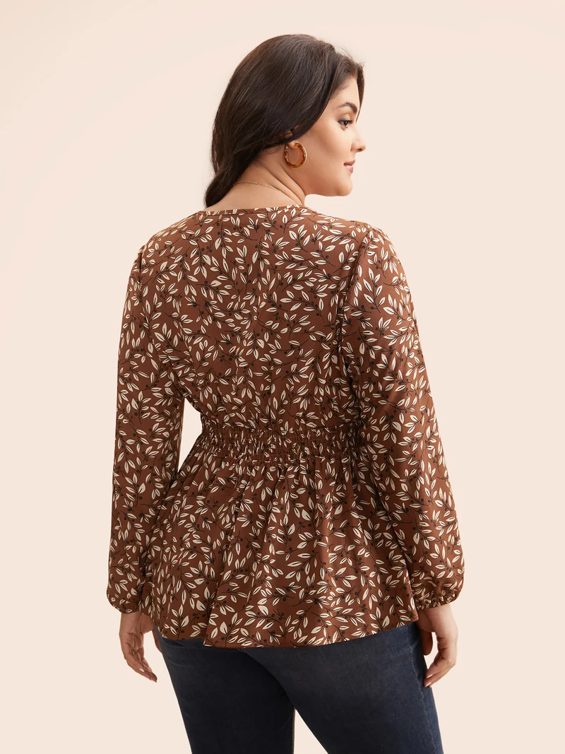 Plants Print Overlap Collar Shirred Blouse