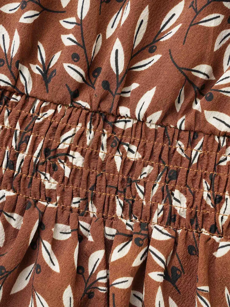 Plants Print Overlap Collar Shirred Blouse