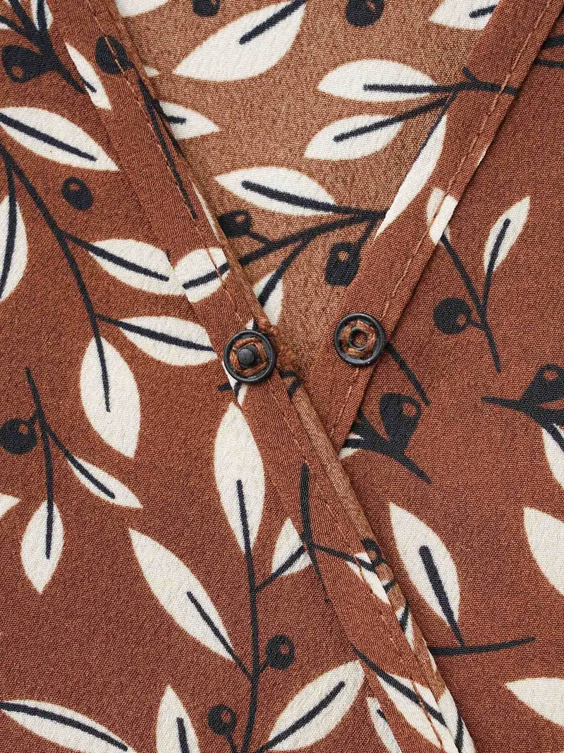 Plants Print Overlap Collar Shirred Blouse