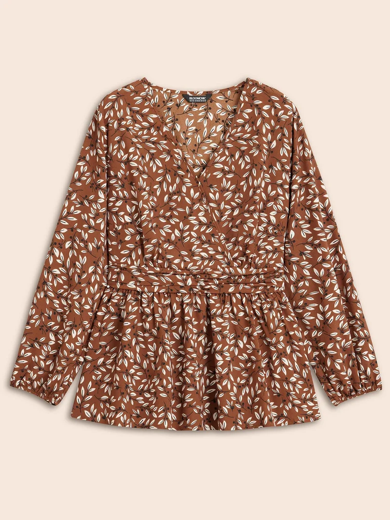 Plants Print Overlap Collar Shirred Blouse
