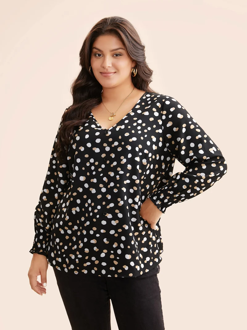 Polka Dot Button Detail Shirred Blouse