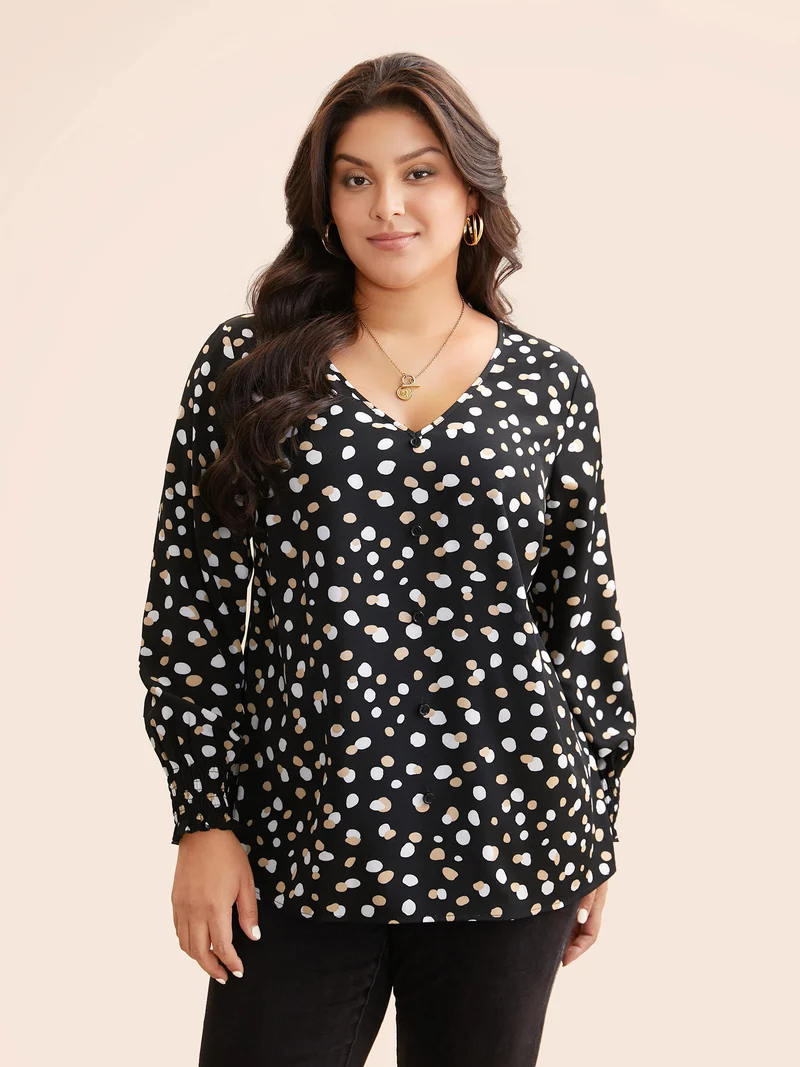 Polka Dot Button Detail Shirred Blouse