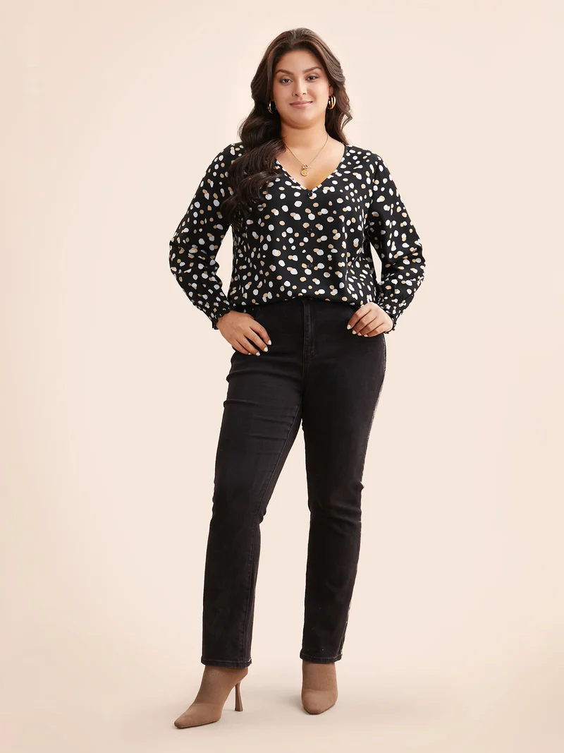 Polka Dot Button Detail Shirred Blouse