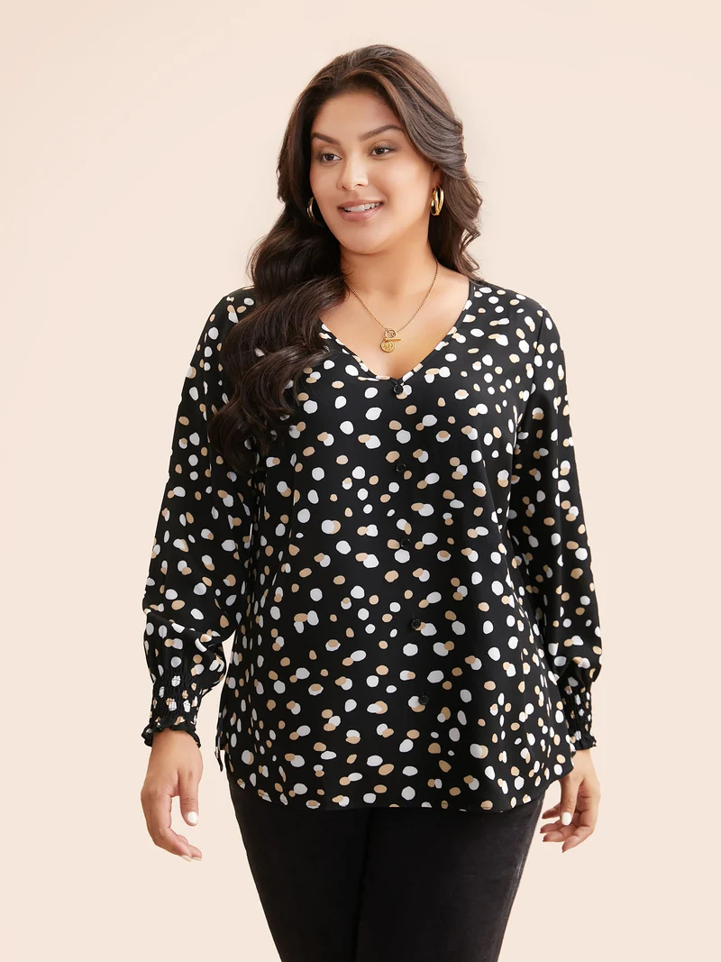 Polka Dot Button Detail Shirred Blouse