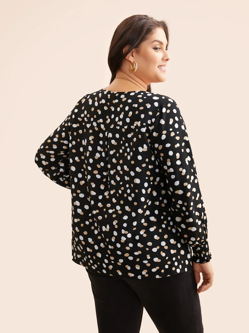 Polka Dot Button Detail Shirred Blouse