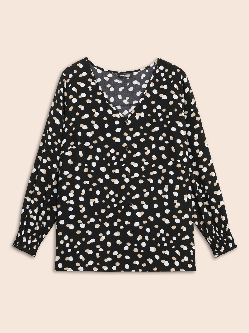 Polka Dot Button Detail Shirred Blouse