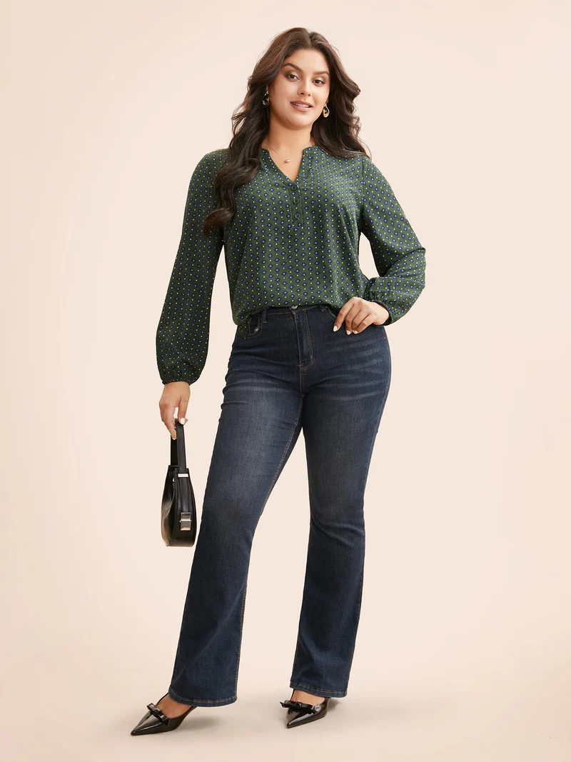 Notched Geometric Button Up Blouse