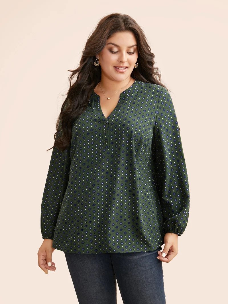 Notched Geometric Button Up Blouse